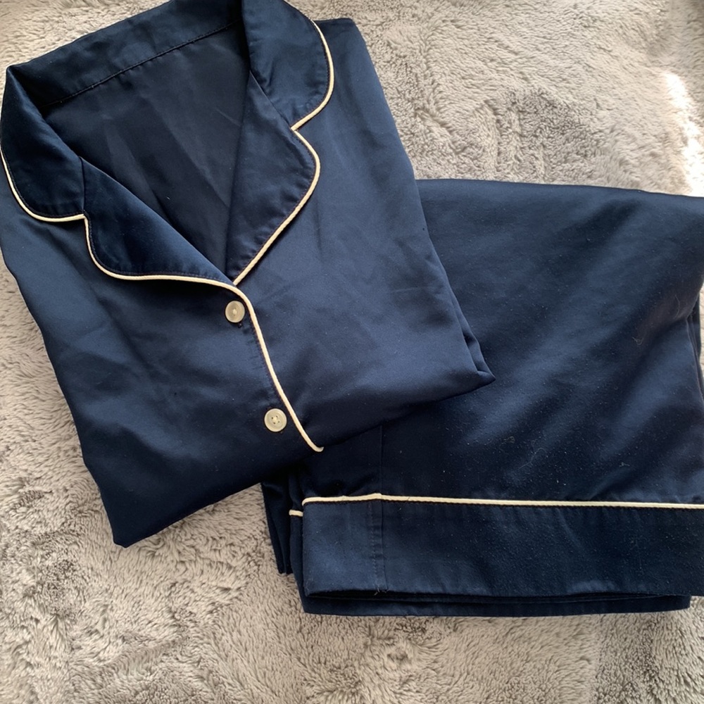 Navy Blue Women's Pajama Set with Cream Trim
